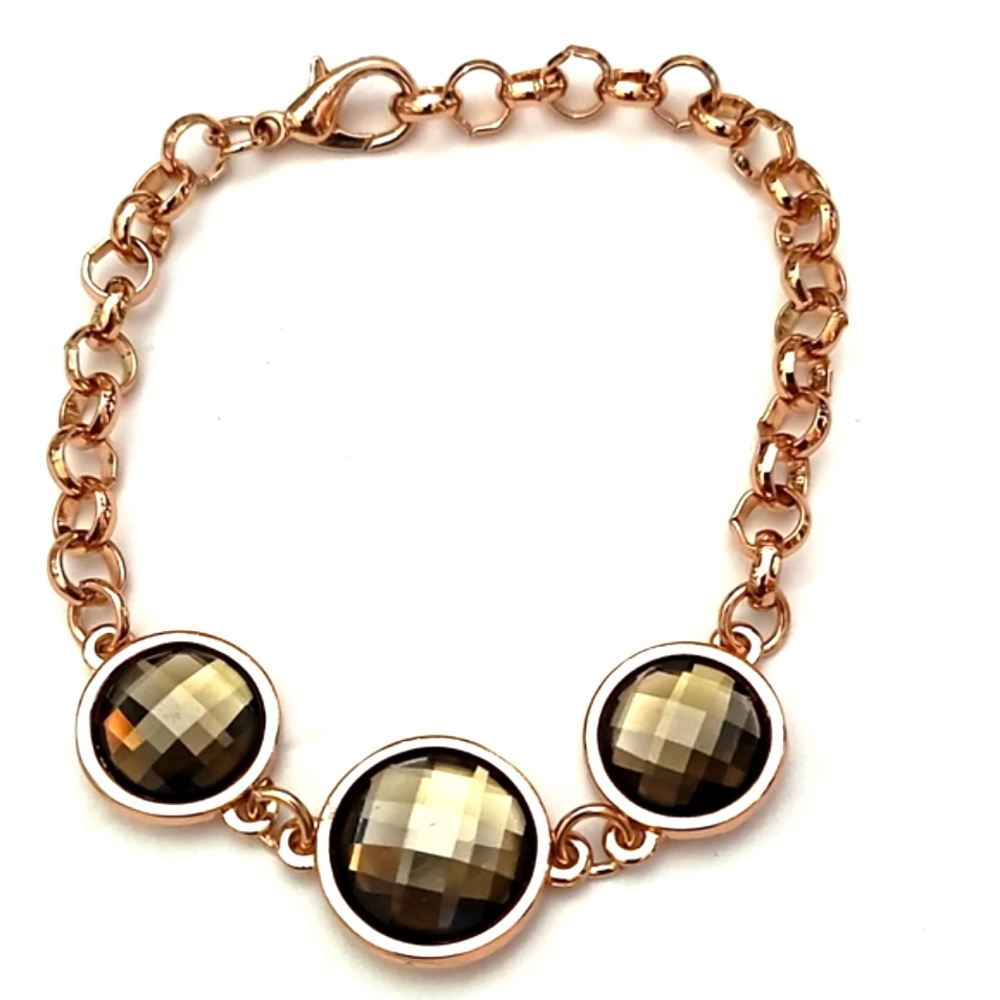 VINTAGE ROSE-GOLD PLATED SMOKY QUARTZ 8" BRACELET - Picture 3 of 9